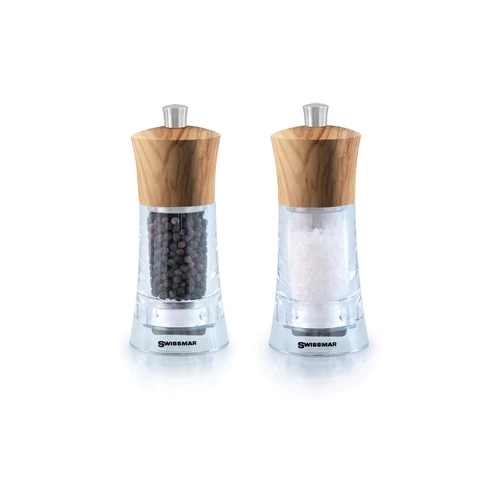Swissmar Torre Salt And Pepper Mill Set Acrylic With Olive Wood 6" (SM-1502OL) 3 Swissmar Torre Salt And Pepper Mill Set Acrylic With Olive Wood 6" (SM-1502OL)